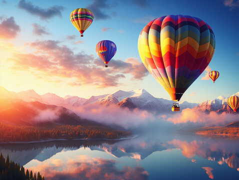 A colorful hot air balloon festival at sunrise, with balloons soaring above a stunning landscape