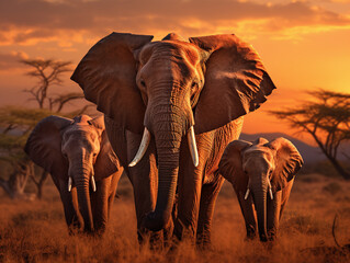 A group of majestic elephants grazing peacefully in the golden savanna under the setting sun