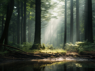A dense and mystical forest, with rays of sunlight filtering through the tall trees