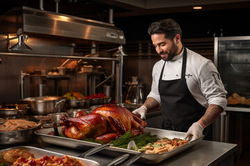 A chef, from behin standing in front of a large roasting pan, expertly basting a turkey with butter and herbs, with various sides and garnishes on a nearby counter. Generative AI