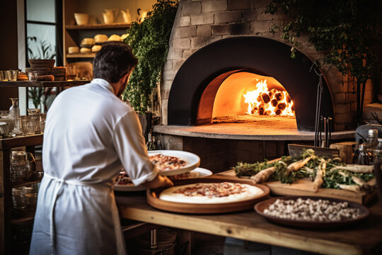 A chef, seen from behind, preparing a pizza from scratch with a variety of toppings, with a wood-fired oven and other pizza-making tools in the background. Generative AI
