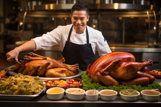 A Chef, From Behin Standing In Front Of A Large Roasting Pan, Expertly Basting A Turkey With Butter And Herbs, With Various Sides And Garnishes On A Nearby Counter. Generative AI