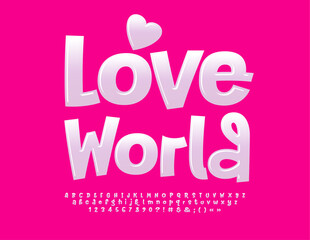 Vector cute card Love World with decorative Heart. Glossy White Font. Stylish set of Alphabet Letters, Numbers and Symbols