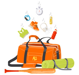 Sport vector poster with training accessories falling into bag