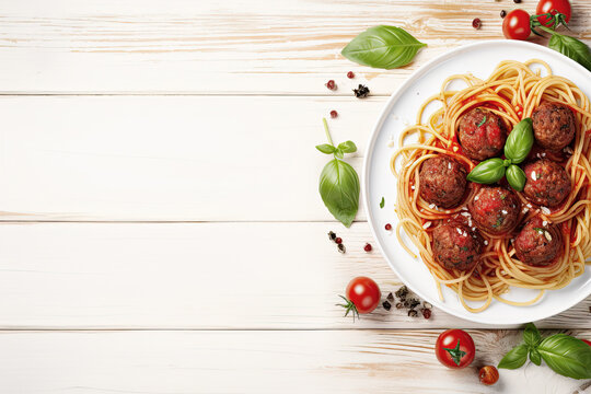 Plate of italian spaghetti and meatballs covered with tomato sauce on white wooden table. Top view. Copy space