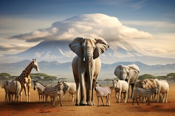 Group of many African animals. Beautiful illustration picture. Generative AI