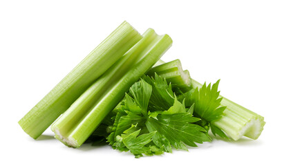 Heap of chopped celery stalks on a white background. Isolated
