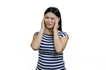 Distressed tired asian woman is touching her temples. Suffer migraine headache.