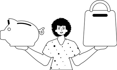 The guy is holding a piggy bank and a denounce cart . black and White linear style. Trendy style, Vector Illustration