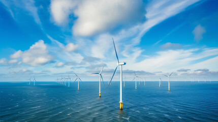 Offshore windmill park with clouds and a blue sky, windmill park in the ocean aerial view with wind turbine. Green energy concept.