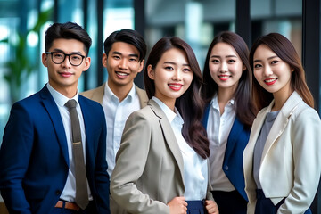 Fototapeta premium Confident Asian businesspeople in powerful poses, donning business suits, symbolizing a dynamic corporate team. Captivating unity and professionalism. generative AI.