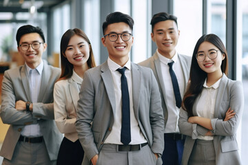 Confident Asian businesspeople in powerful poses, donning business suits, symbolizing a dynamic corporate team. Captivating unity and professionalism. generative AI.