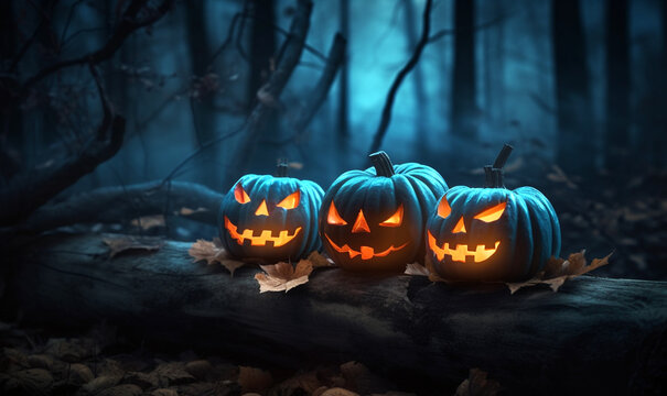 im Wald in der Halloweennacht - gruselige K&uuml;rbisse
