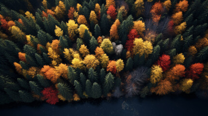 Naklejka na ściany i meble Stunning Aerial Photo of Colorful Autumn Forest - Great for Nature-themed Websites