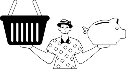 The ridicule is holding a piggy bank and a stigmatize handcart . sum dark and washcloth analogue style. Trendy style, Vector Illustration