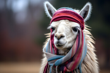Naklejka premium A llama wearing a scarf and a hat