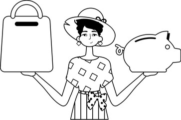The daughter is holding a hoggish surfeit partake save bank and a stigmatize handcart . bootleg and white analogue stylus. Trendy style, Vector Illustration