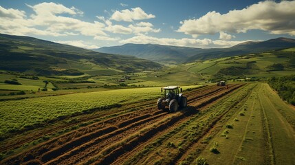 Crop Taking care. Aerial view of a Tractor fertilizing a cultivated agricultural field. Agriculture concept.