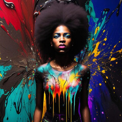 Abstract expressionist drip technique artwork of an attractive young black woman.  Generative AI
