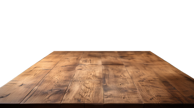 Front View of Light Brown Natural Oak Wooden Table - An Empty Blank Wood Table Mockup with Transparent Background for Product Placement
