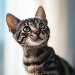 Portrait of a cute Savannah kitten looking to the side. Closeup face of an adorable dark Savannah kitty at home. Portrait of a little cat with tabby fur sitting in light room beside window