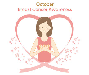 乳がん早期発見キャンペーン・ピンクリボンキャンペーンのイラスト（胸を抱きしめる女性）