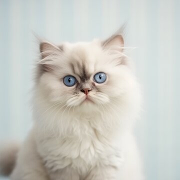 Portrait of a cute blue point Himalayan kitten looking forward. Portrait of an adorable Himalayan kitty with colorpoint fur sitting in a light room beside a window. Beautiful small cat at home.