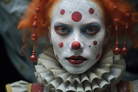 Portrait of a serious female clown, a sad woman with a festive make-up looking at camera