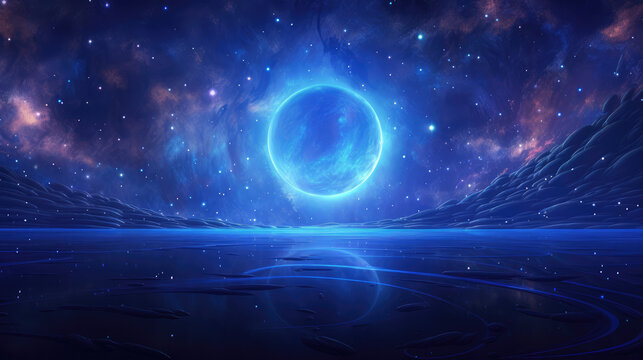 Abstract blue circle in the field of stars, in the style of calm waters, nightcore, spectacular backdrops, mysterious backdrops, nocturne, seapunk Ai Generative