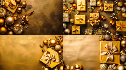 Fond doré avec décoration de noël, cadeau, boules, ruban, paillettes, vu de dessus pour carte de voeux - Générative IA