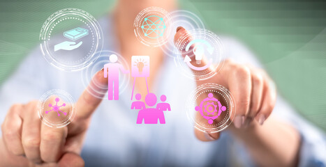 Woman touching a knowledge sharing concept