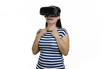 Brunette woman afraid of something in vr headset. Frightened girl spending time in virtual reality isolated on white.