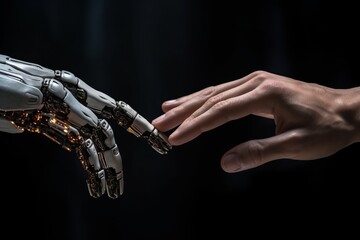 Human hand is touching the robot. Beautiful illustration picture. Generative AI