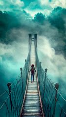 Fototapeta premium Passerelle dans la montagne au dessus de la brume - Générative IA