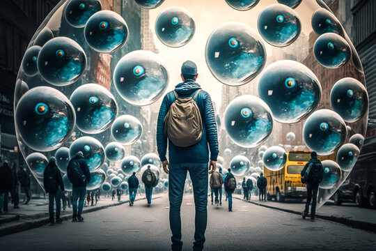 Yeux g&eacute;ants surveillant la population - Concept de la surveillance de la population dans un monde futur - G&eacute;n&eacute;rative ia