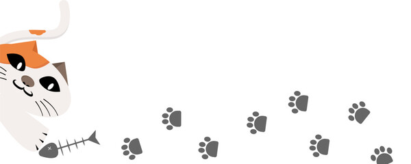 The cat sneaked around the corner and ate the fish bones. cat-themed background with cat paw prints. Print for posters, greeting cards, and t-shirts. Cat vector isolated on a white background