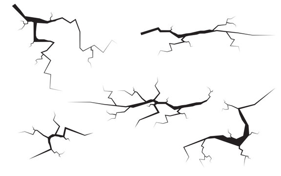 Collection of crack vectors. Collection of wall cracks. Different elements of black lightning. Ground cracks isolated on a white background