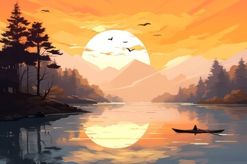 Autumn sunset over the river, vector. Beautiful illustration picture. Generative AI