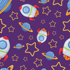 Childish seamless pattern with spaceship and stars. Hand-drawn spatial elements seamless background. Cosmic background. Space doodle illustration. illustration. Seamless background with cartoon space