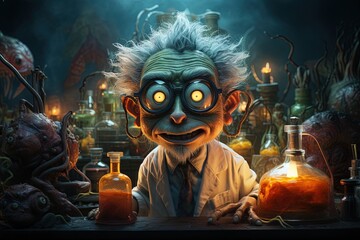 mad scientist cartoon creates a monster in his laboratory illustration generative ai - obrazy, fototapety, plakaty
