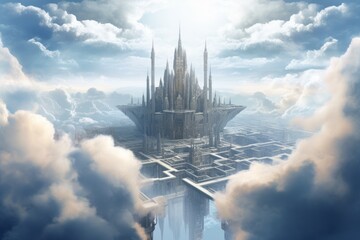 City in the clouds. Beautiful illustration picture. Generative AI