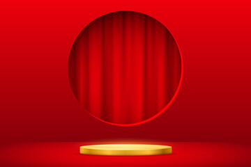 3D luxury empty gold podium and red curtain in round window of showcase studio room