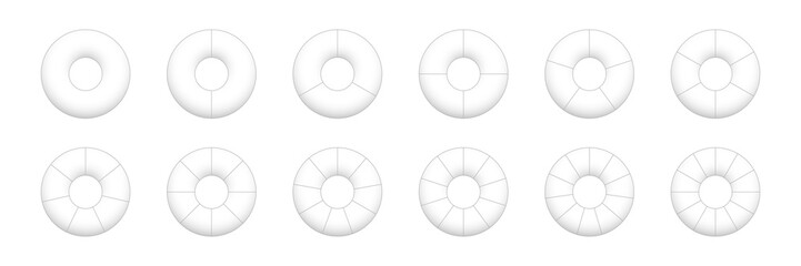 Toruses with sections set vector illustration. Abstract black line pie charts with divisions, graphic diagram collection with round geometric elements divide into parts and slices from 1 to 12