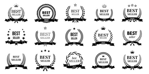 2023 Best seller award stamps set vector illustration. Winners badges with black Best seller text and reward laurel leaves, round wreath with crown, stars and ribbons promotion signs collection - obrazy, fototapety, plakaty