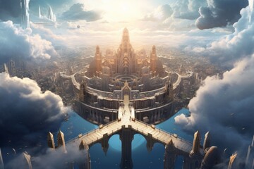 City in the clouds. Beautiful illustration picture. Generative AI