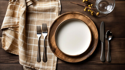 Assiette vide et couverts avec serviette, table mise en vue de dessus - Générative IA