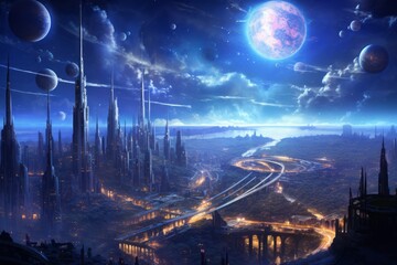 City at night with space view at nightime. Beautiful illustration picture. Generative AI