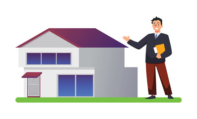 Realtor show two story home, Real estate agency provides services for mortgage, loan, rent and sale vector illustration