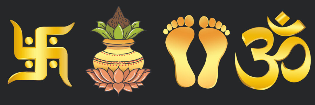 auspicious symbols from Hindu culture vector isolated gold set,om,aum,swastik symbol,devi paduka,kalash.