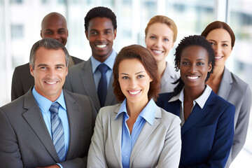 Fototapeta premium A diverse group of businesspeople poses for a professional team photo, exuding confidence and professionalism, while looking smart and impeccable. Generative AI.